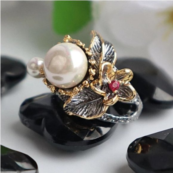 NEW Italian Jewelry Gold Flower Pearl Ring - Picture 6 of 14